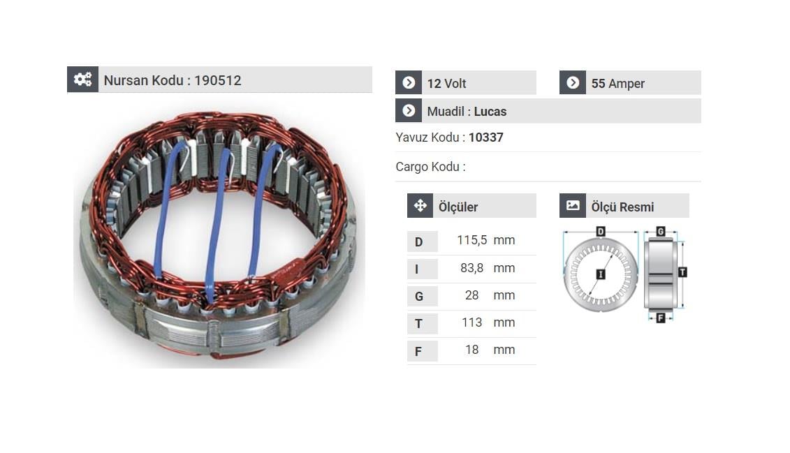 12V ALTERNATÖR STATÖR LUCAS TİPİ 55 A (3 UÇLU) (A-115) 