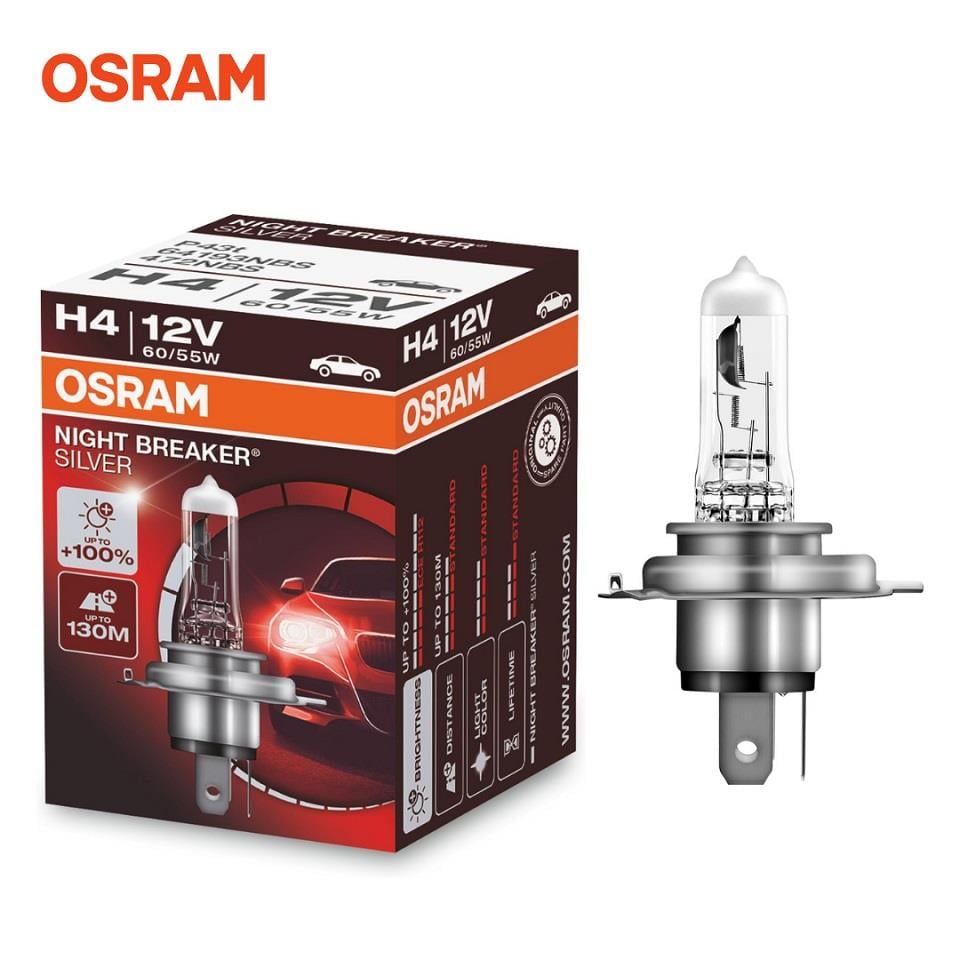 OSRAM 12V H4 AMPUL 60/55W +%100 PARLAK IŞIK +150 METRE FAZLA GÖRÜŞ NIGHT BREAKER SILVER (1 AD)