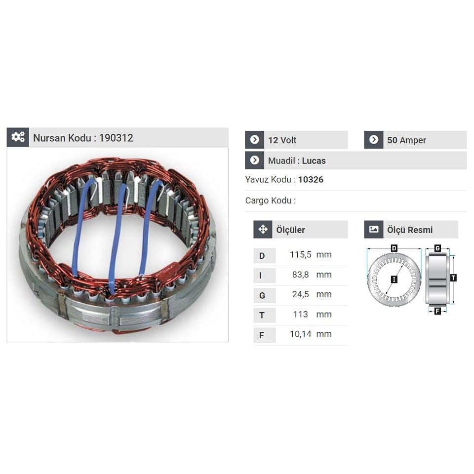 12V ALTERNATÖR STATÖR 50 A LUCAS TİPİ (3 UÇLU) (A-115)