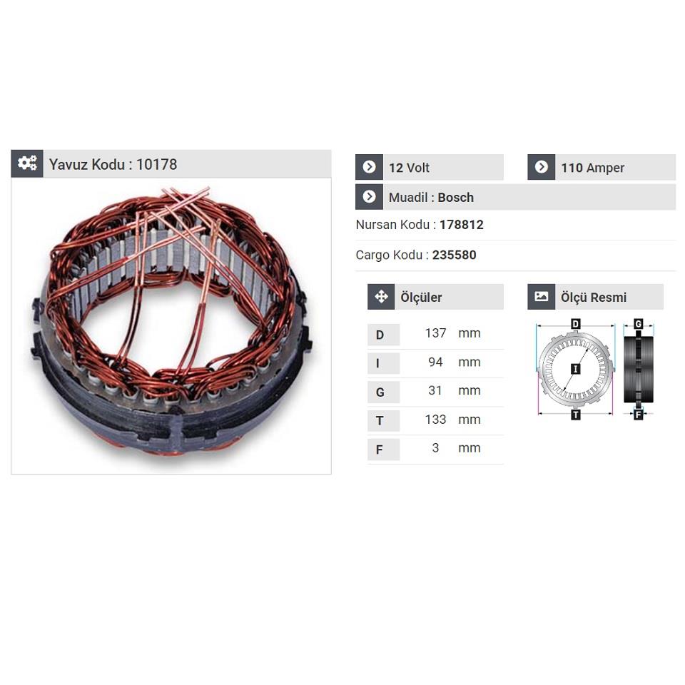 12V ALTERNATÖR STATÖR BOSCH TİPİ 110 A (6 UÇLU-TIRNAKLI)