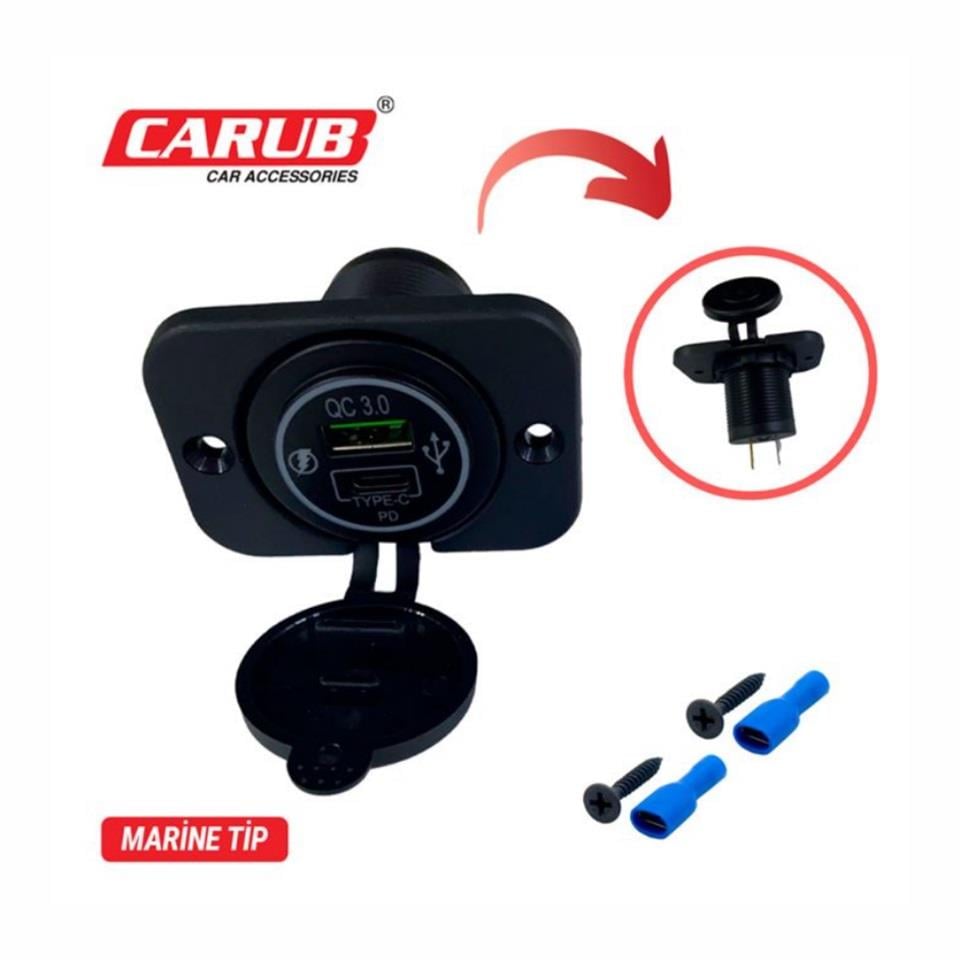12V-24V TELEFON ŞARJ CİHAZI (USB+TYPE-C) (1.5A/3.1A) (KAPAKLI MARİN)