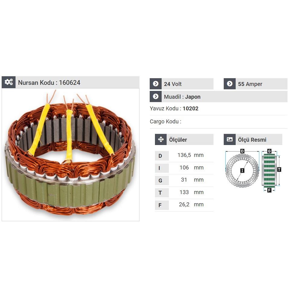 24V ALTERNATÖR STATÖR HITACHI TİPİ 55 A (3 UÇLU) HYUNDAI HD 75 KAMYON