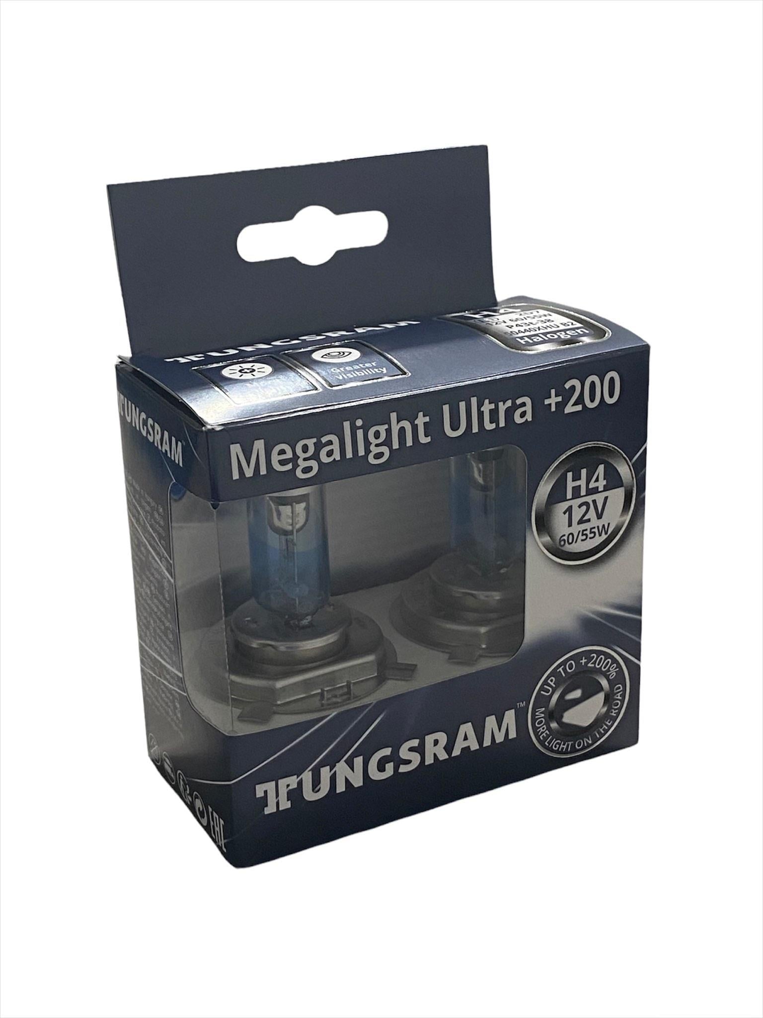 TUNGSRAM 12V H4 AMPUL 60/55W +%200 FAZLA IŞIK +%30 BEYAZ IŞIK MEGALIGHT ULTRA (2 AD)