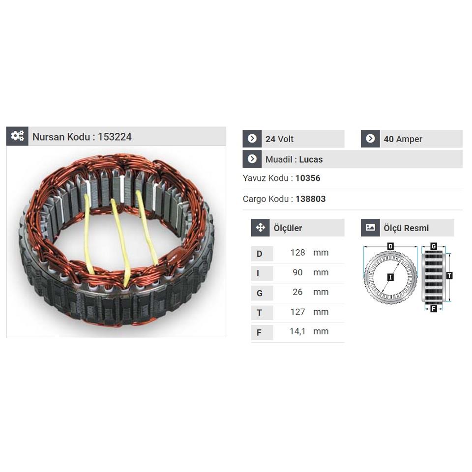 24V ALTERNATÖR STATÖR LUCAS TİPİ 40 A (3 UÇLU) BMC PROFESYINEL-CHRYSLER-HINO-SCANIA 111/112