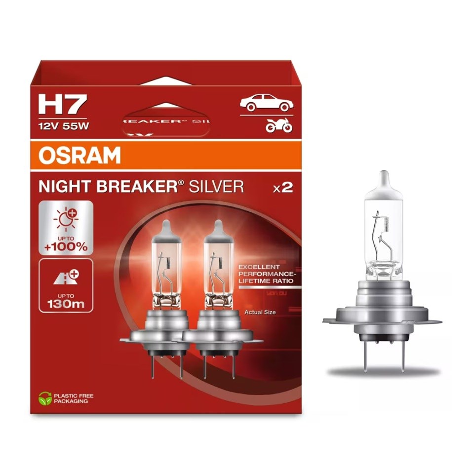 OSRAM 12V H7 AMPUL 55W +%100 PARLAK IŞIK +130 METRE FAZLA GÖRÜŞ NIGHT BREKE SILVER (2 AD)