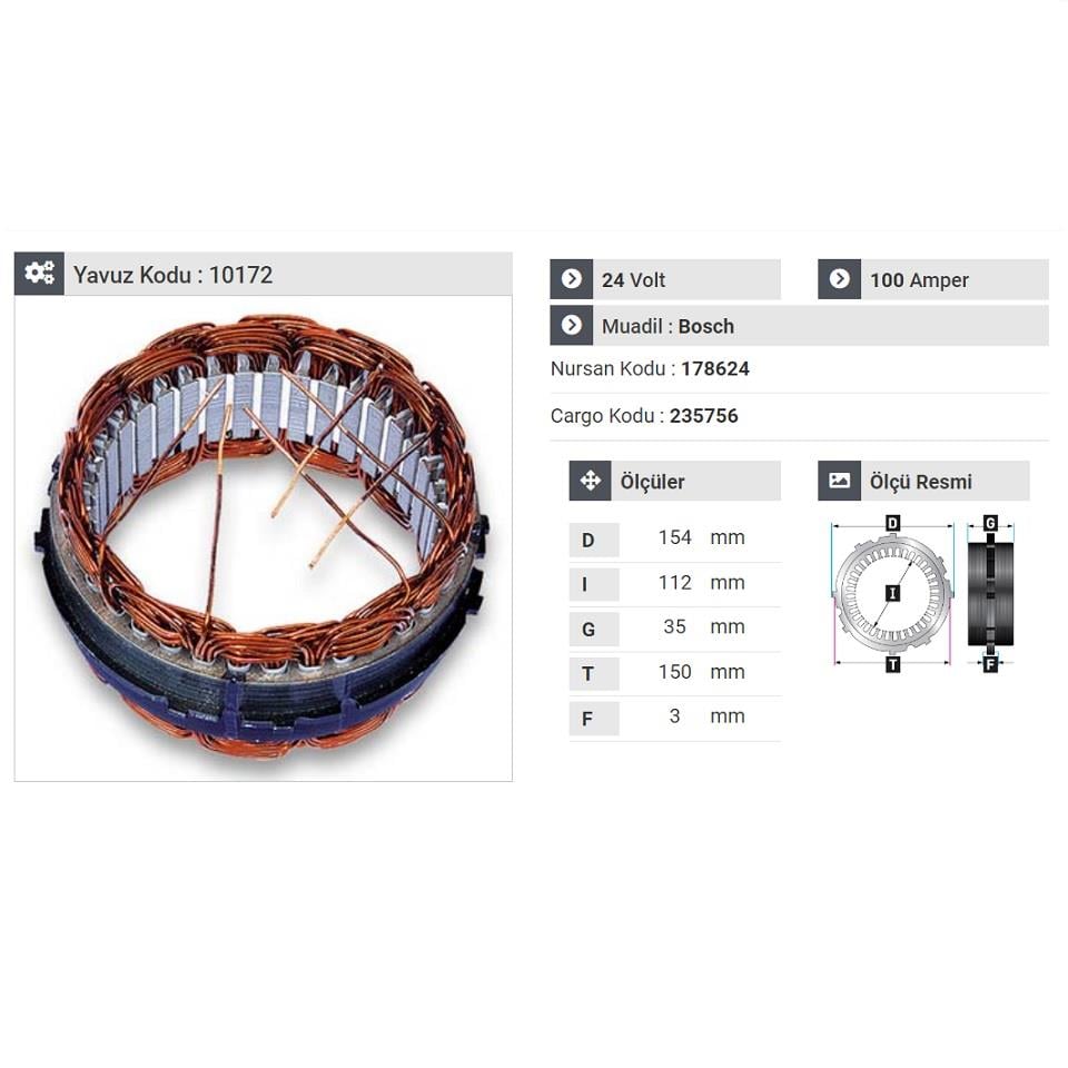 24V ALTERNATÖR STATÖR BOSCH TİPİ 100 A (6 UÇLU-TIRNAKLI) (ALÇAK SARGI)