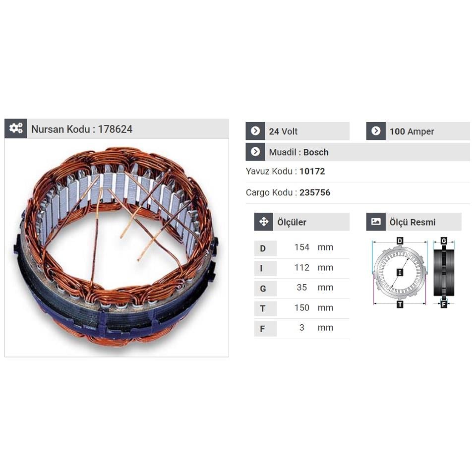 24V ALTERNATÖR STATÖR BOSCH TİPİ 100 A (6 UÇLU-TIRNAKLI) (ALÇAK SARGI)
