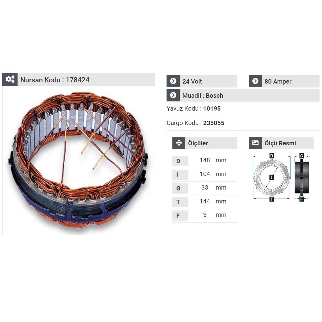 24V ALTERNATÖR STATÖR BOSCH TİPİ 80 A (6 UÇLU-TIRNAKLI) MERCEDES ACTROS/ATEGO/AXOR