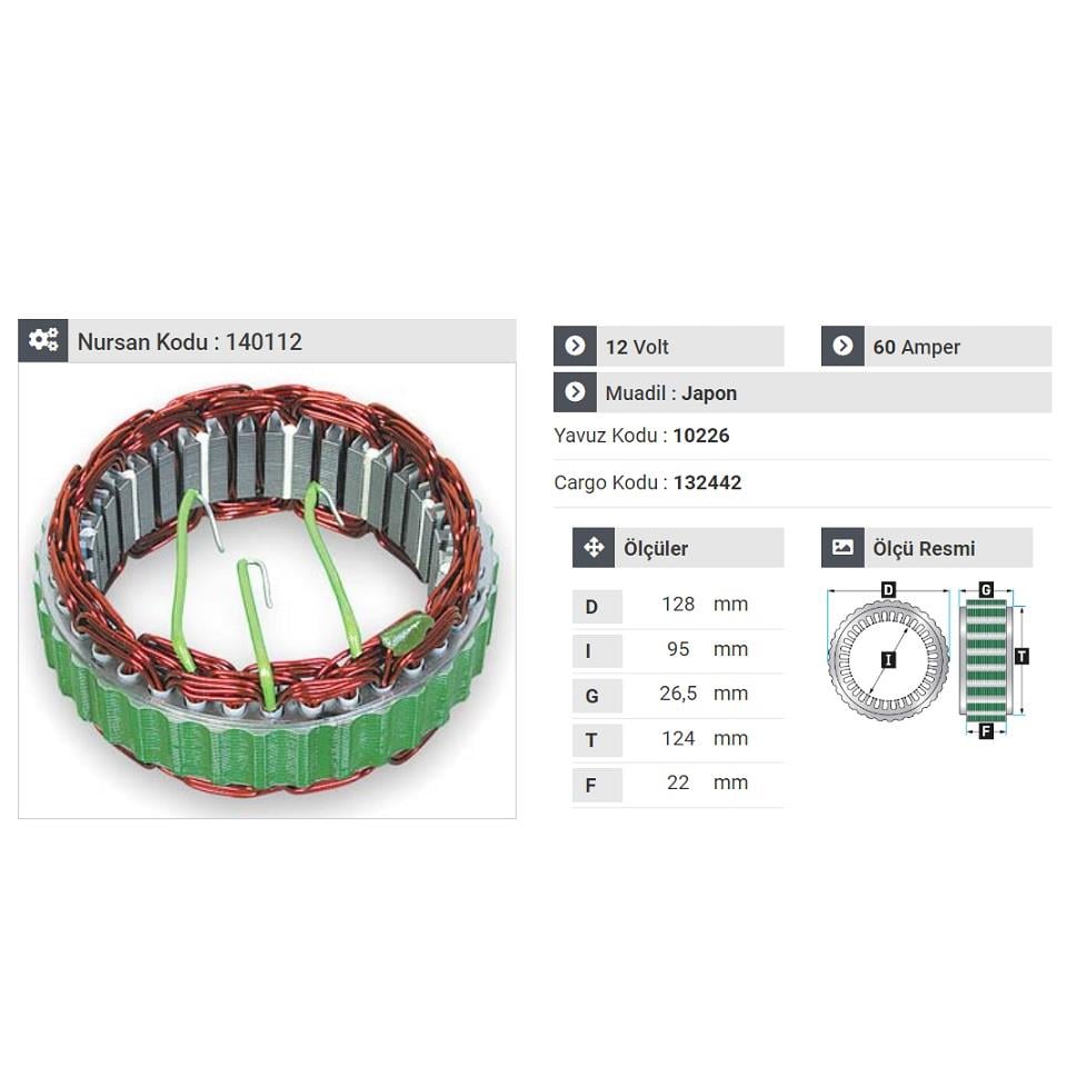 12V ALTERNATÖR STATÖR HITACHI TİPİ 60 A (3 UÇLU) ISUZU-MAZDA-MITSUBISHI-NISSAN
