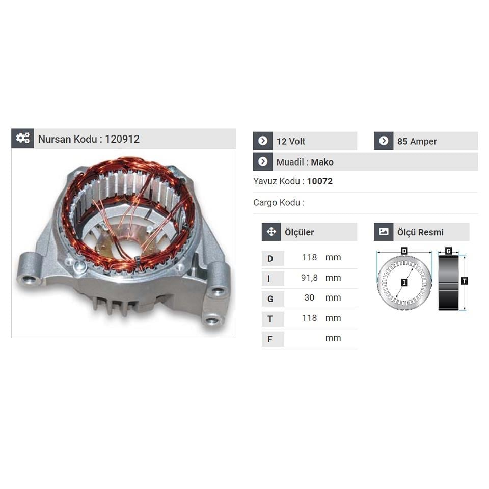 ALTERNATÖR ÖN KAPAK MARELLI-DENSO TİPİ 85 A (STATÖRLÜ) FIAT-OPEL 1.2/1.3/1.4