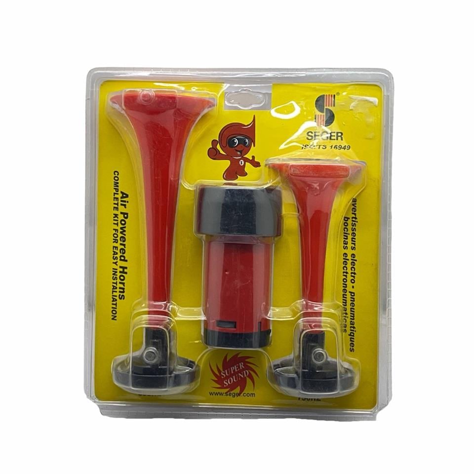 SEGER 12V 2'Lİ HAVALI KORNA DÜZ SES (KIRMIZI PLASTİK BORU) (KOMPRESÖRLÜ)