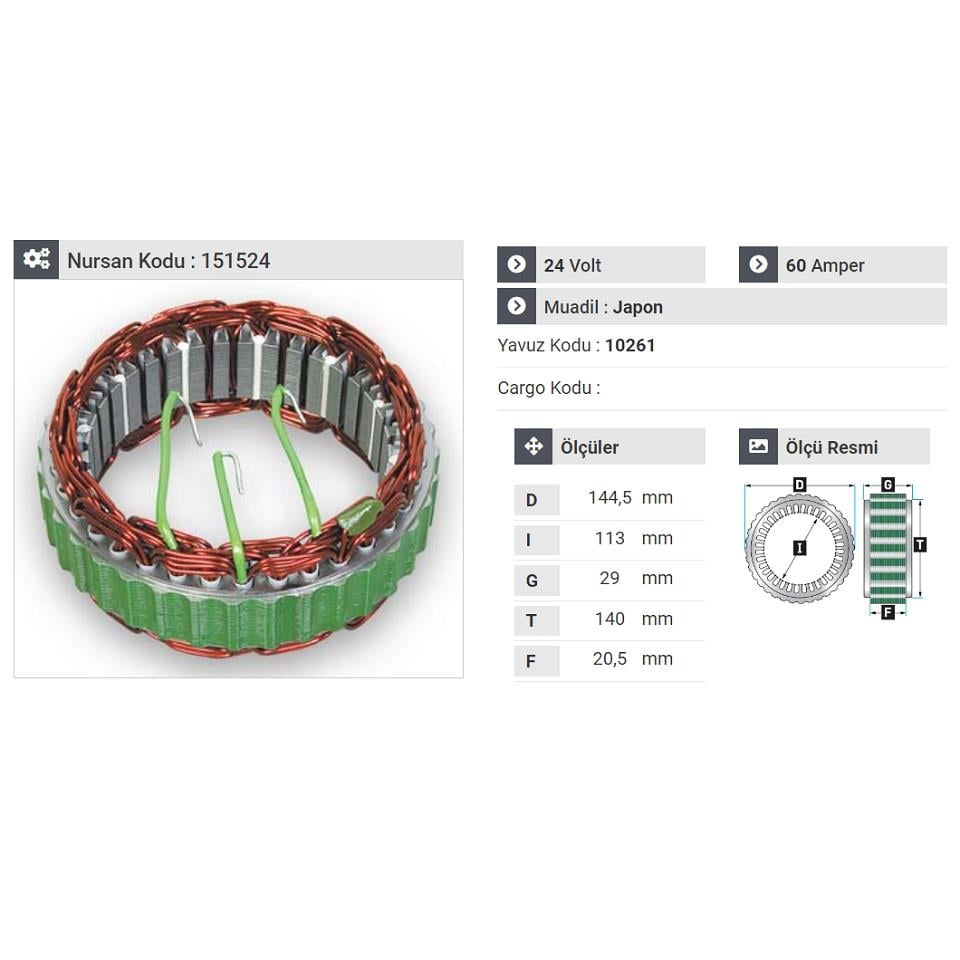 24V ALTERNATÖR STATÖR MITSUBISHI TİPİ 60 A (3 UÇLU) HYUNDAI HD 77 KAMYON