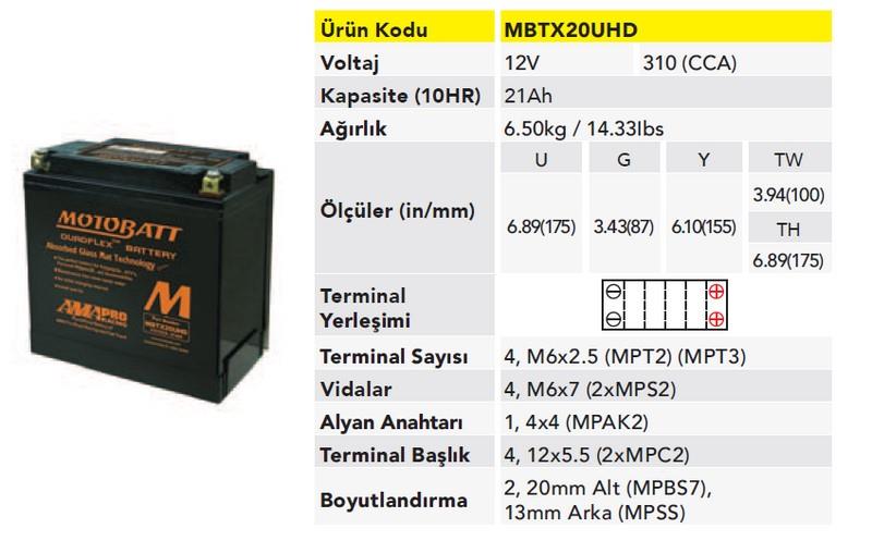 MOTOBATT 12V 18 AH/21 AH MOTOSİKLET AKÜSÜ 310 A (EN) (175*87*155) (YTX20L-BS) (SİYAH)