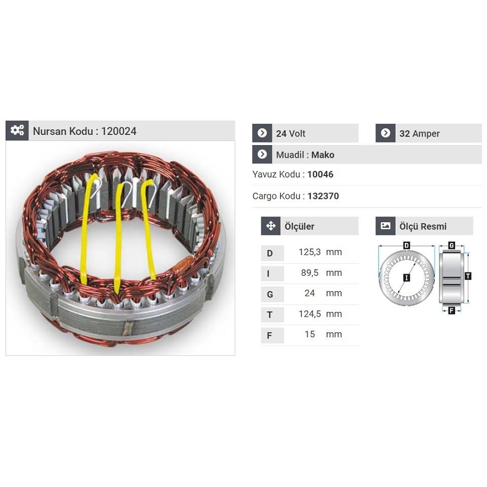 24V ALTERNATÖR STATÖR MAKO TİPİ 32 A YM (3 UÇLU)