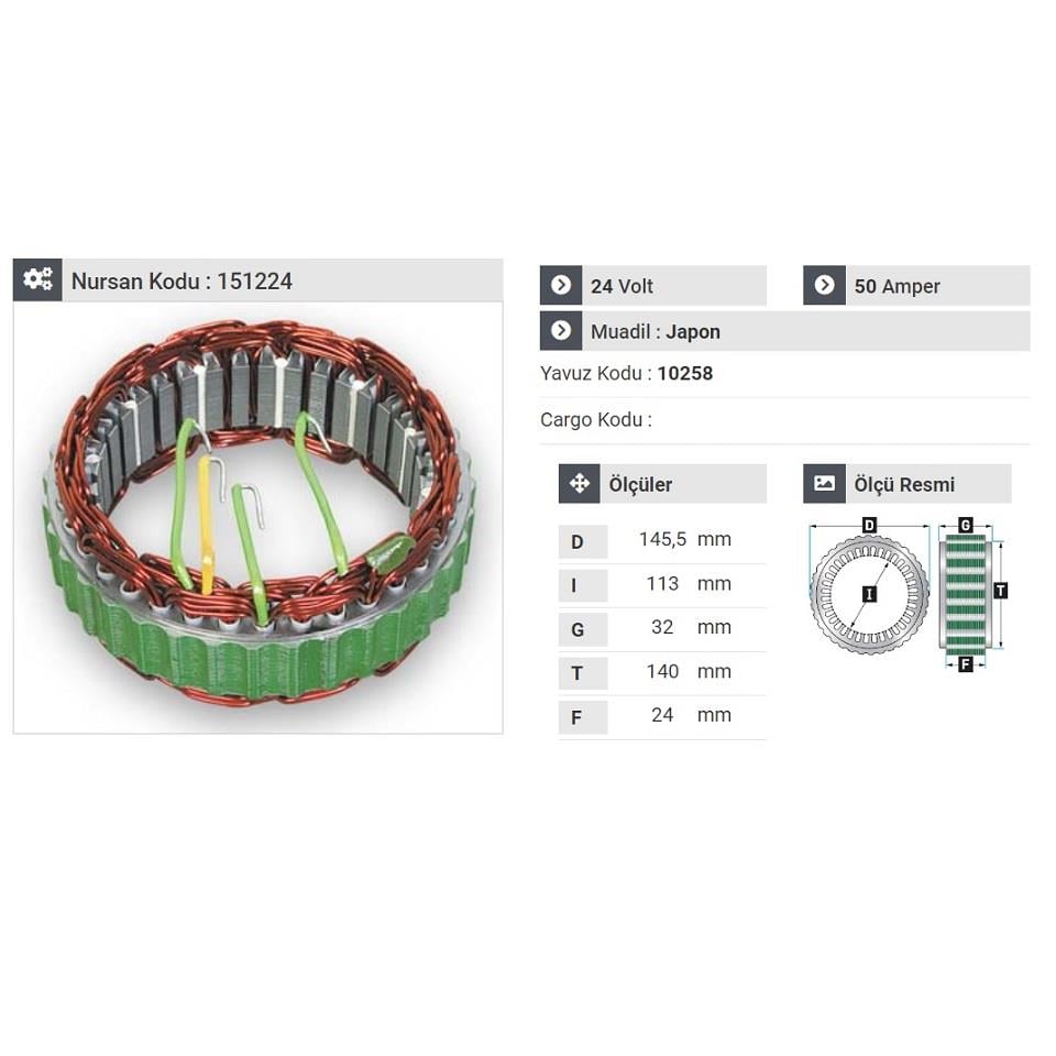 24V ALTERNATÖR STATÖR MITSUBISHI TİPİ 50 A (4 UÇLU) MITSUBISHI PRESTIJ/SAFIR OTOBÜS