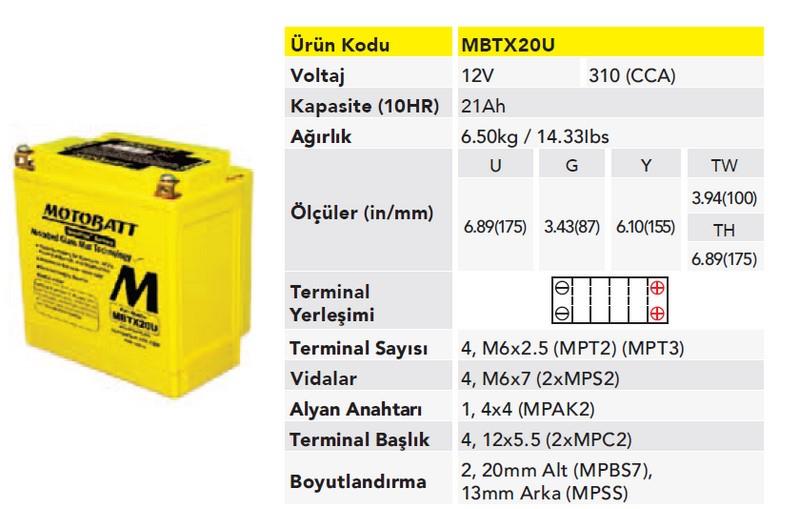 MOTOBATT 12V 18 AH/21 AH MOTOSİKLET AKÜSÜ 310 A (EN) (175*87*155) (YTX20L-BS) (SARI)