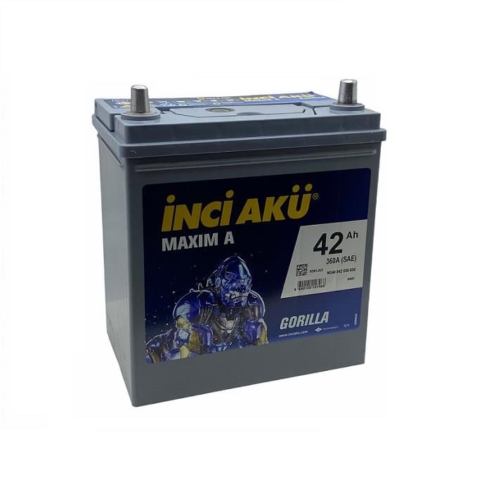 İNCİ 12V 42 AH AKÜ MAXIM A GORILLA 360 A (EN) (197*129*224) (İNCE KUTUP DÜZ)