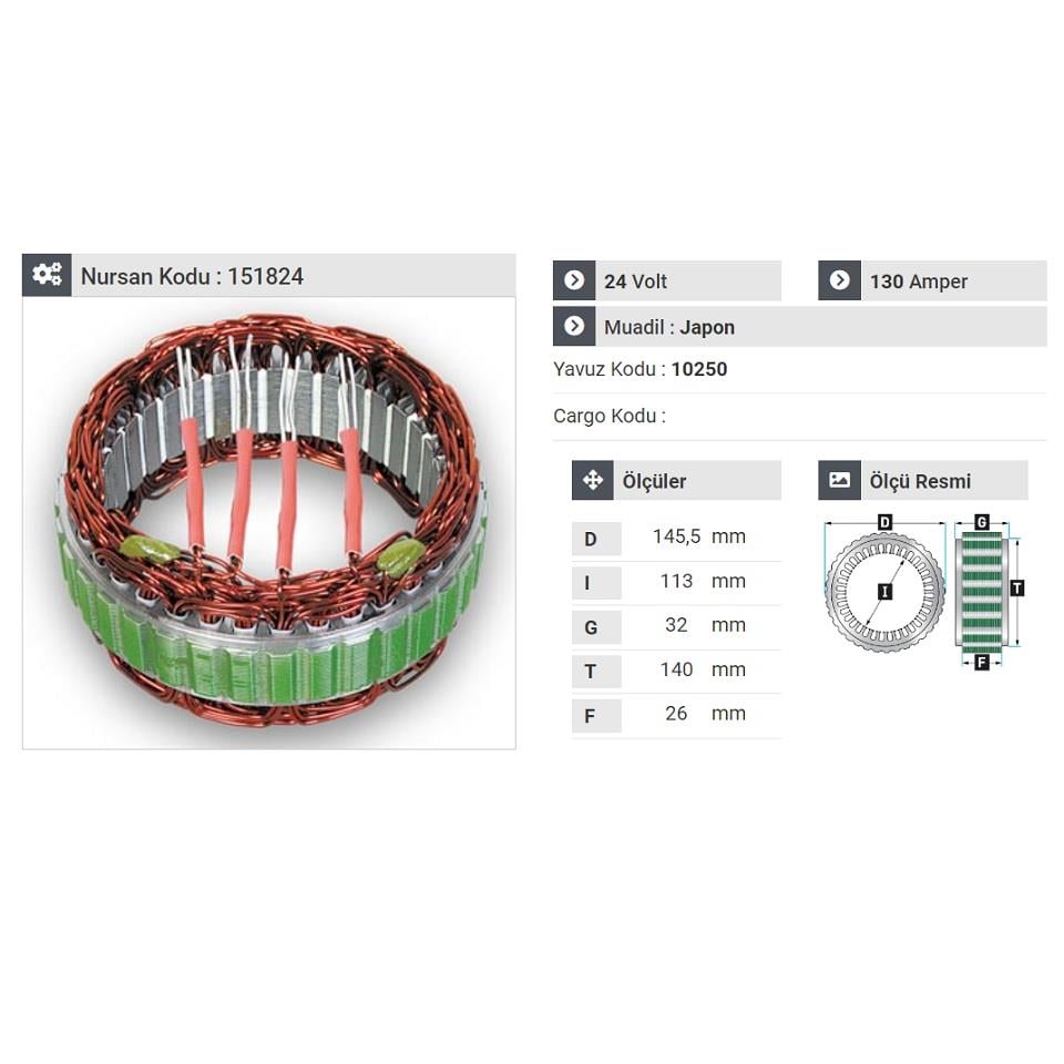 24V ALTERNATÖR STATÖR MITSUBISHI TİPİ 130 A (4 UÇLU) DAF-IVECO-RENAULT-SCANIA-VOLVO
