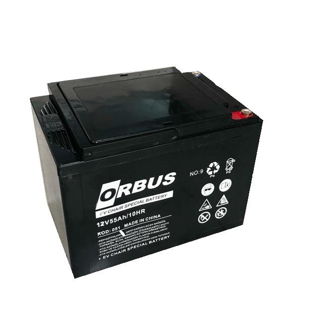 ORBUS 12V 55 AH ENGELLİ ARAÇ AKÜSÜ JEL (230*150*175) (ALÇAK) (SİYAH) (17,5 KG) TSE'Lİ