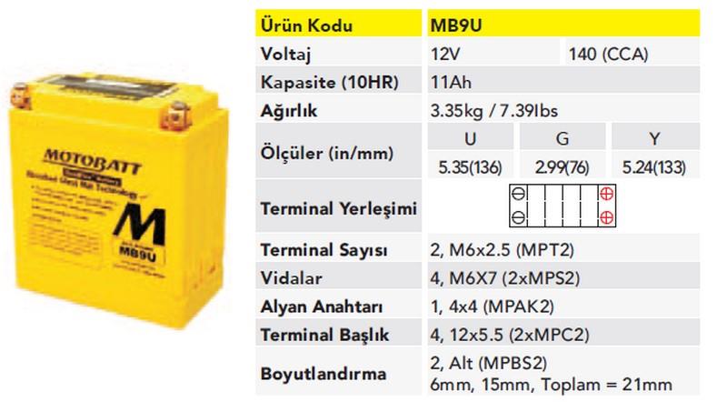 MOTOBATT 12V 9 AH/11 AH MOTOSİKLET AKÜSÜ 140 A (EN) (136*76*133) (YB9-B)