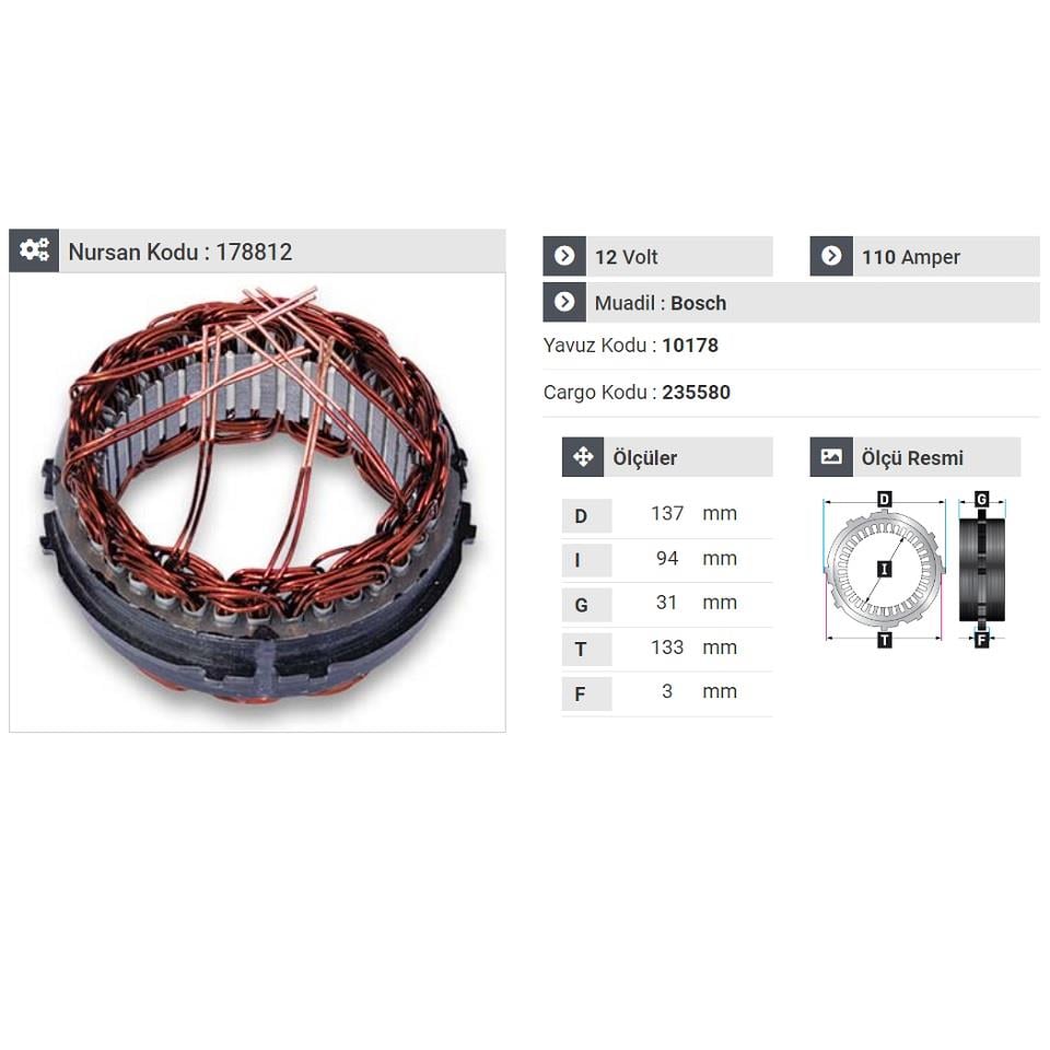 12V ALTERNATÖR STATÖR BOSCH TİPİ 110 A (6 UÇLU-TIRNAKLI)