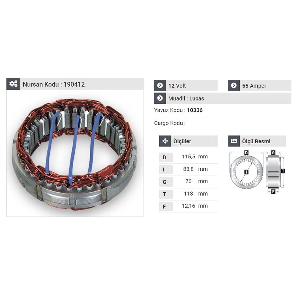 12V ALTERNATÖR STATÖR LUCAS TİPİ 55 A (3 UÇLU) MESA A-117