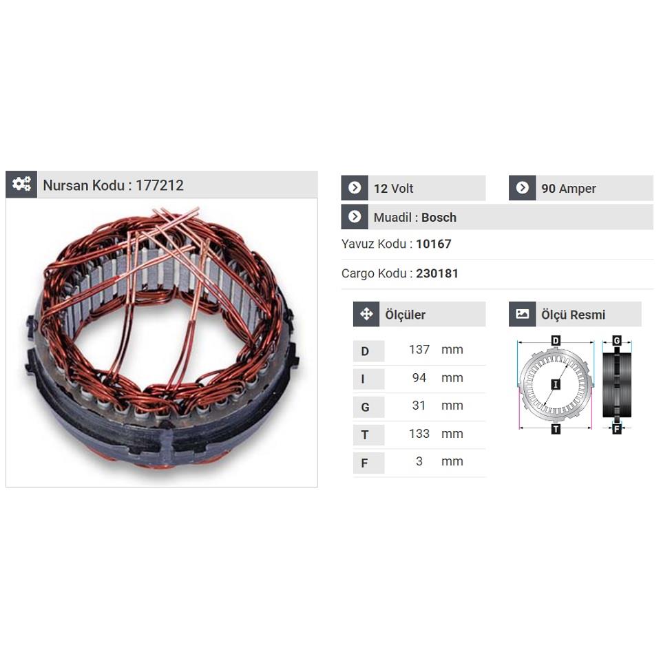 12V ALTERNATÖR STATÖR BOSCH TİPİ 90 A (6 UÇLU-TIRNAKLI)