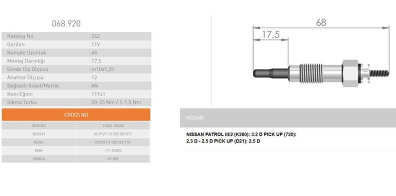 11V KIZDIRMA BUJİSİ (KISA TİP) (ET.1 GERMANY) DAEWOO-ISUZU-KOMATSU-NISSAN-TAILIFT- FORKLIFT (YANMAR 