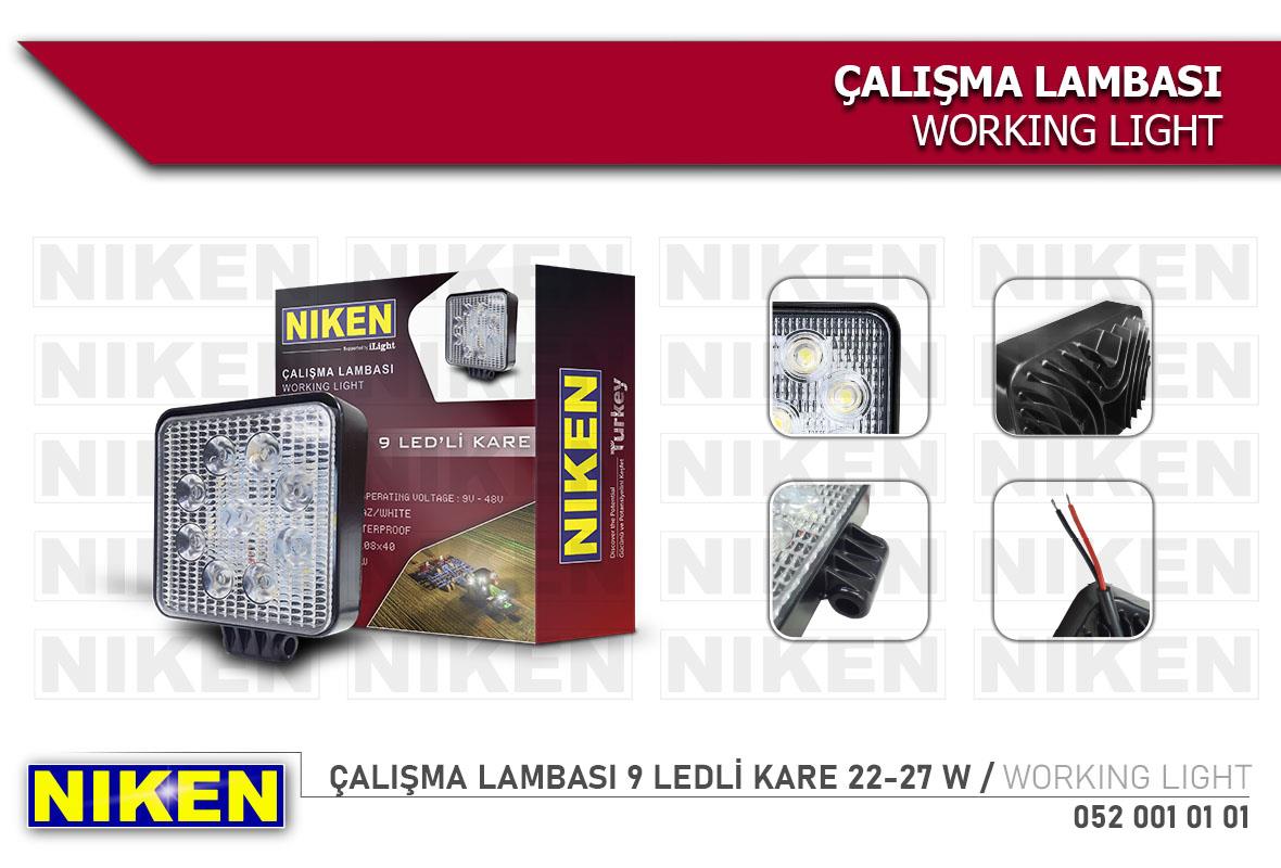 NIKEN 9V-48V ÇALIŞMA LAMBASI PRO (9 X 3W POWER LEDLİ) KARE (108*108*40 MM)