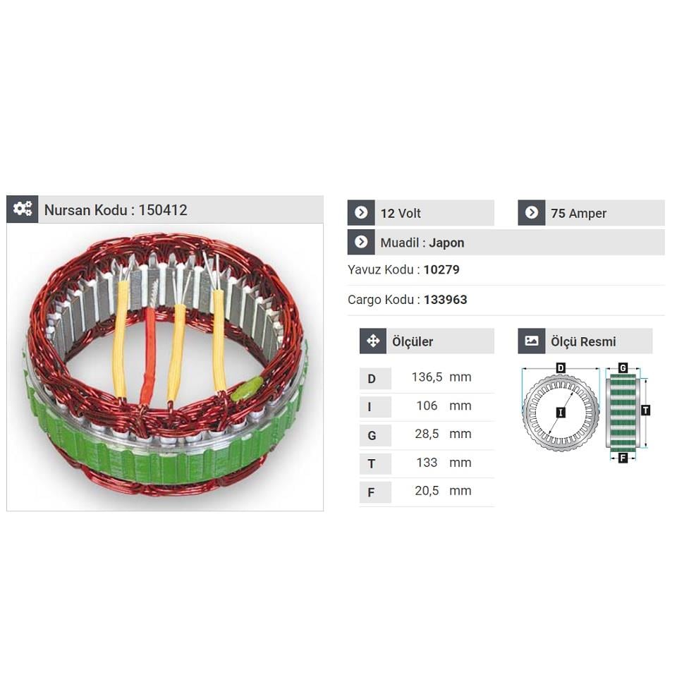 12V ALTERNATÖR STATÖR 75 A (4 UÇLU) (KLİMALI) HYUNDAI H100/STAREX