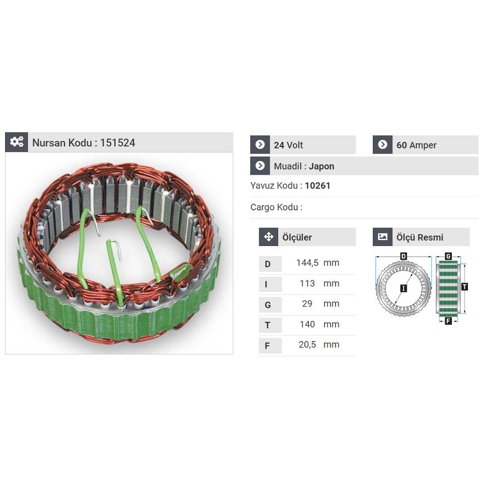24V ALTERNATÖR STATÖR MITSUBISHI TİPİ 60 A (3 UÇLU) HYUNDAI HD 77 KAMYON