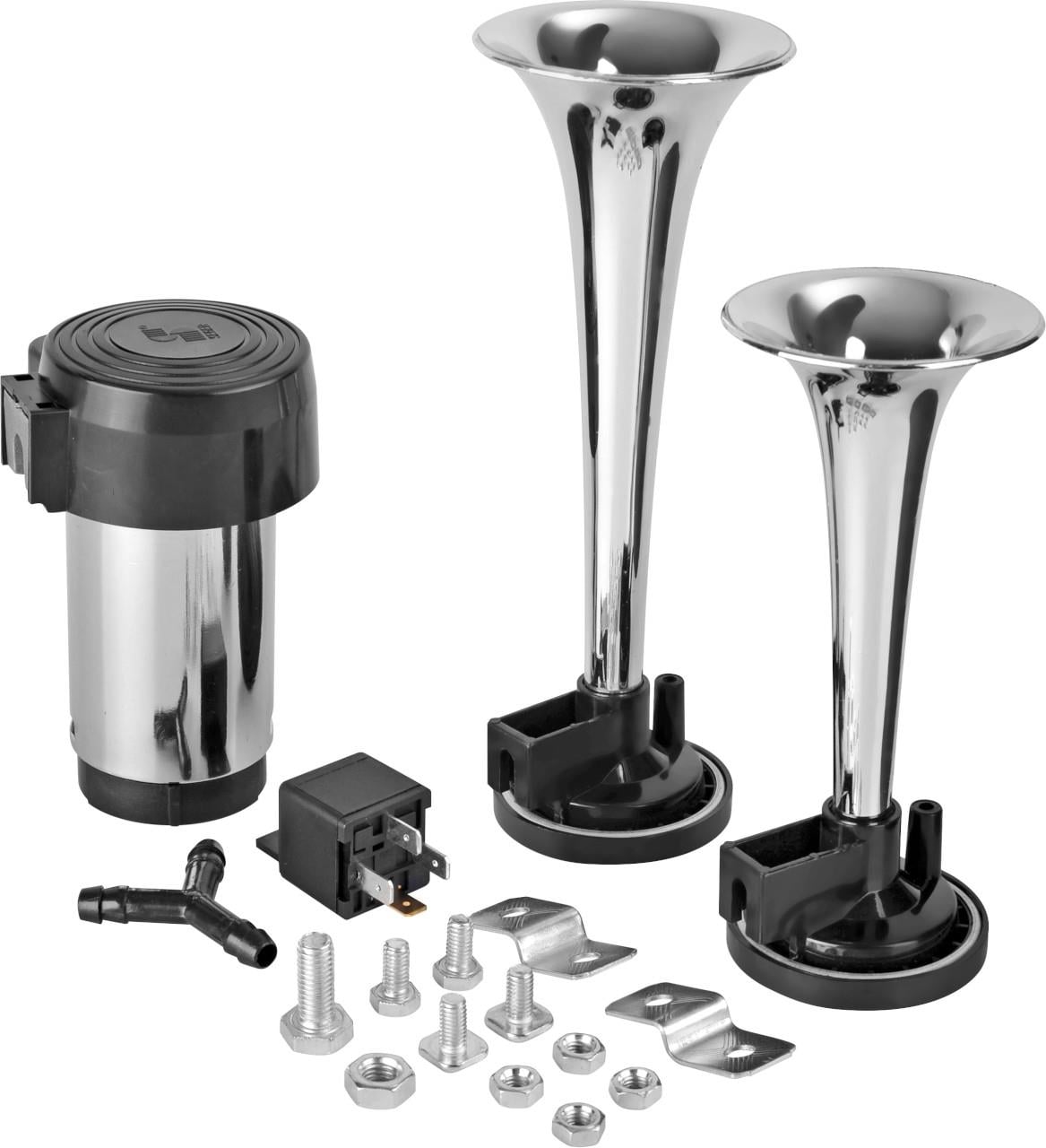 SEGER 12V 2'Lİ HAVALI KORNA DÜZ SES (KROM) (KOMPRESÖRLÜ)