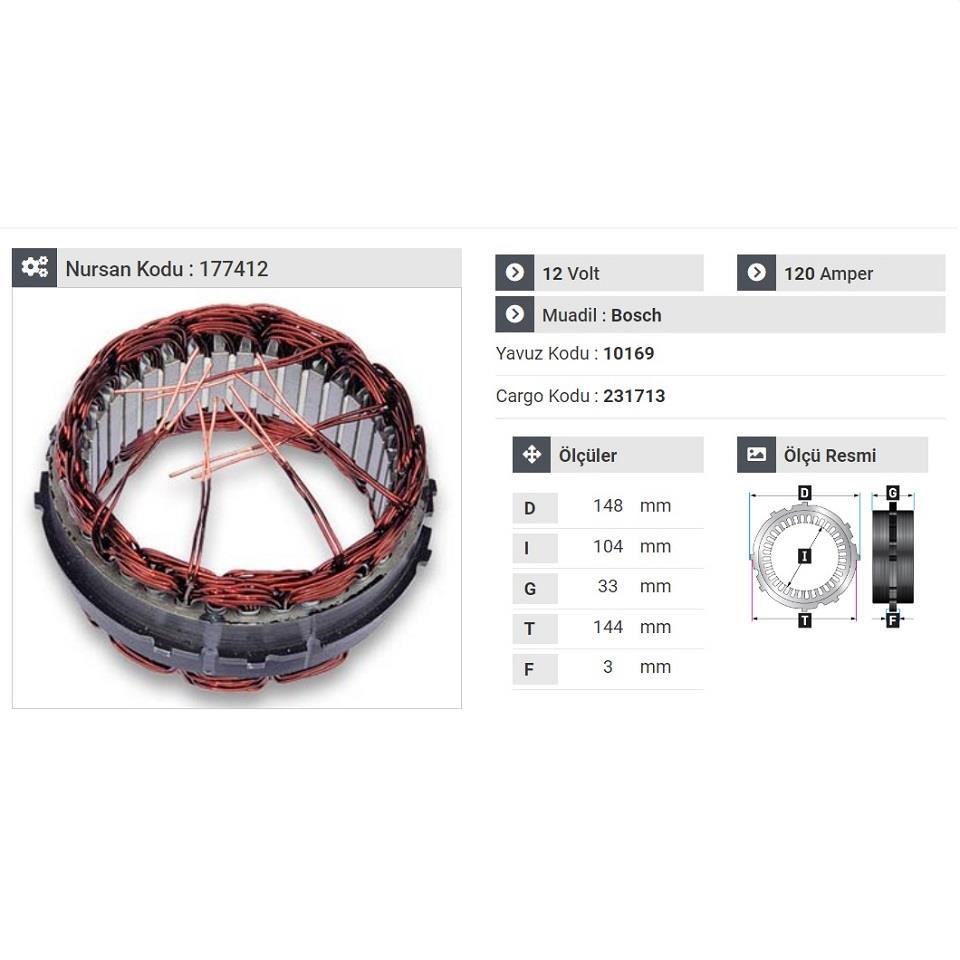 12V ALTERNATÖR STATÖR BOSCH TİPİ 90 A (6 UÇLU-TIRNAKLI)