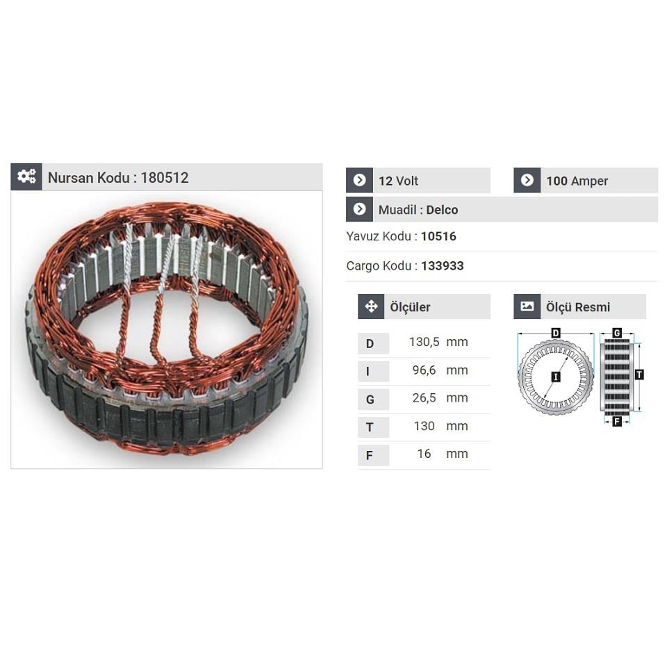 12V ALTERNATÖR STATÖR DELCO TİPİ 100 A (3 UÇLU) DAEWOO-OPEL