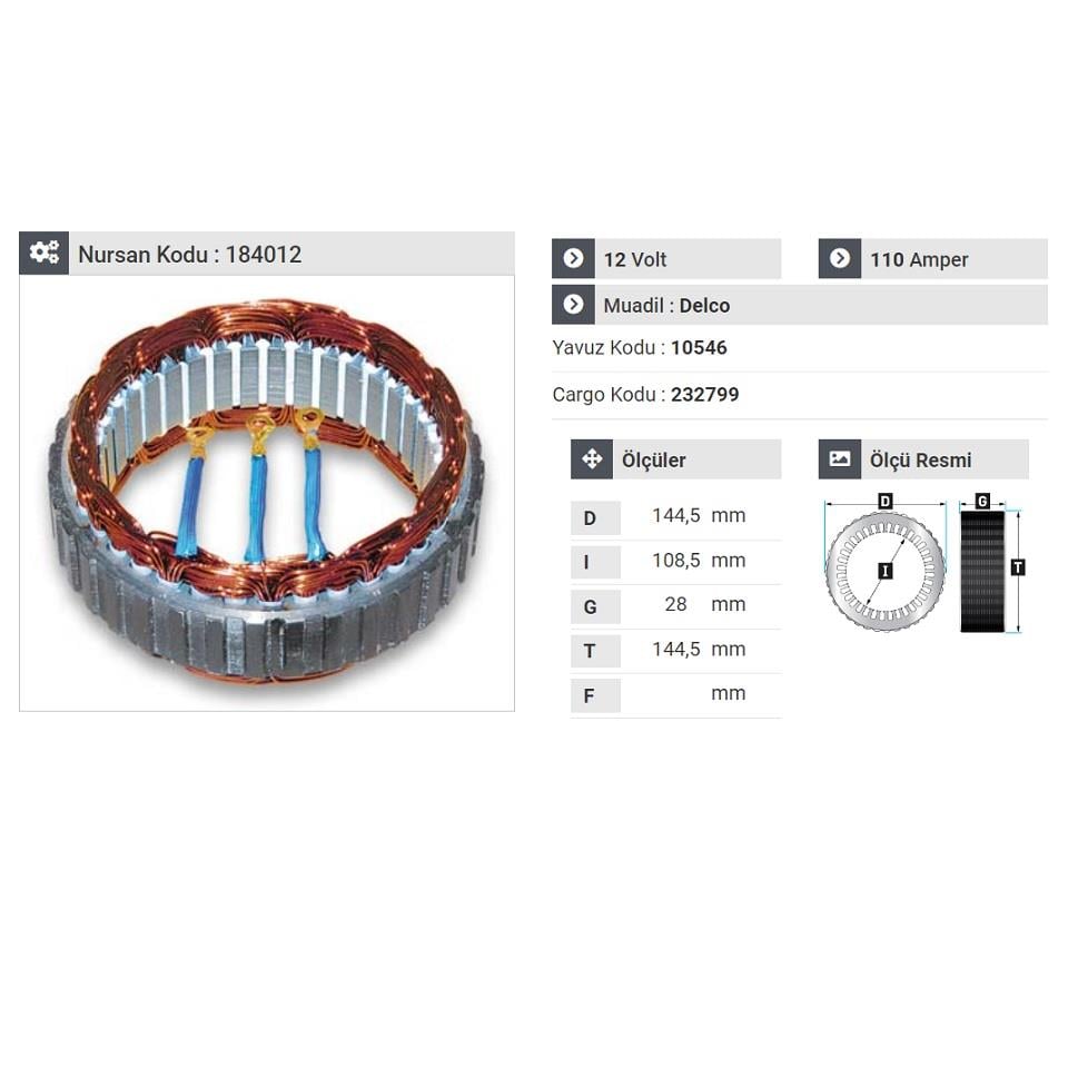 12V ALTERNATÖR STATÖR DELCO TİPİ 110 A-160 A