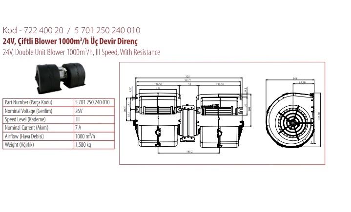 KORMAS 24V KALORİFER MOTORU (BLOWER) (325*148) (3 DEVİR)