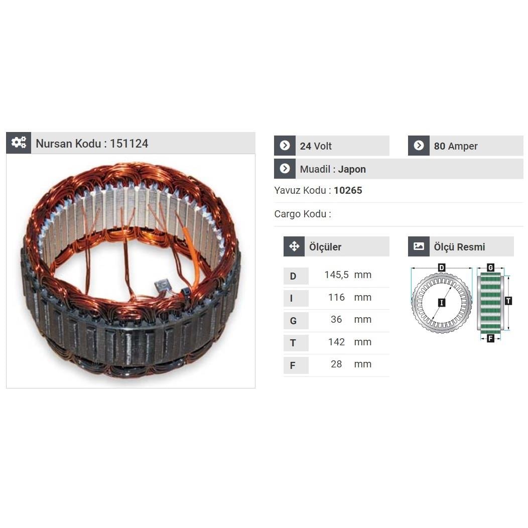 24V ALTERNATÖR STATÖR 80 A (4 UÇLU) (KLİMALI) ISUZU CHAMPION TURKUAZ