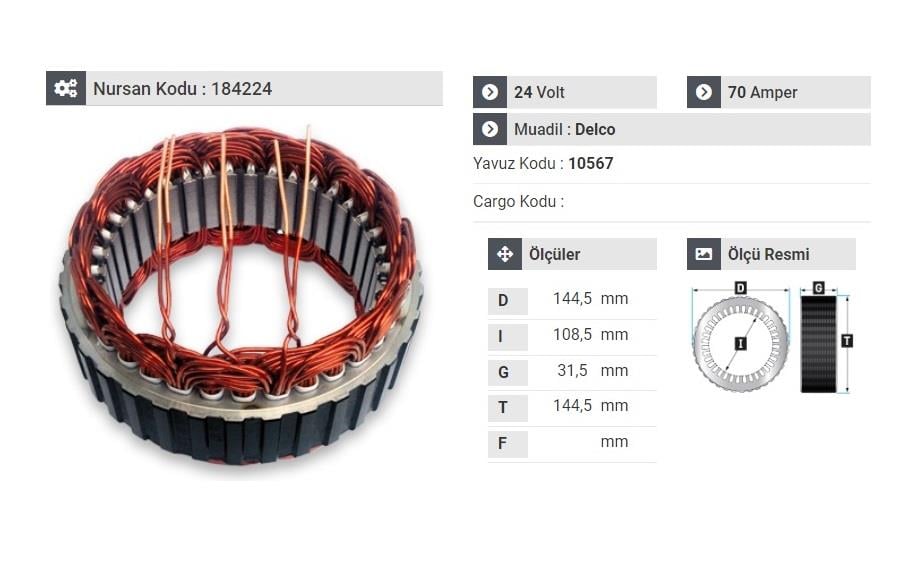 24V ALTERNATÖR STATÖR DELCO TİPİ 70 A (3 UÇLU) 24SI CUMMINS MOTOR