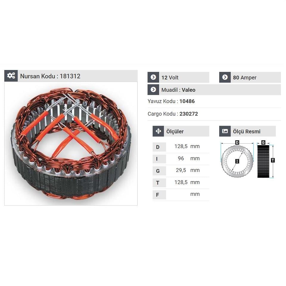 12V ALTERNATÖR STATÖR VALEO TİPİ 80 A (6 UÇLU)
