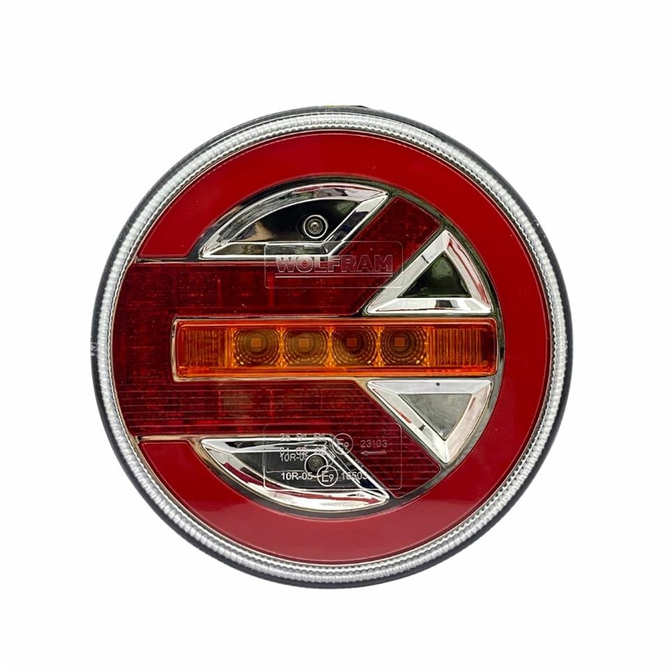 WOLFRAM 12V-24V STOP LAMBASI YUVARLAK (NEON LEDLİ-KAYAR SİNYALLİ) (3 FONKSİYONLU) (140*35 MM) E9 SOL