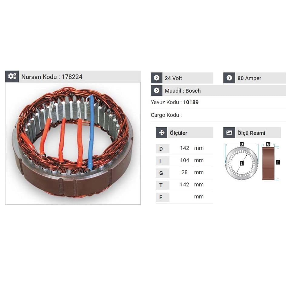 24V ALTERNATÖR STATÖR BOSCH TİPİ 80 A (4 UÇLU) (ÇİFT TEL)