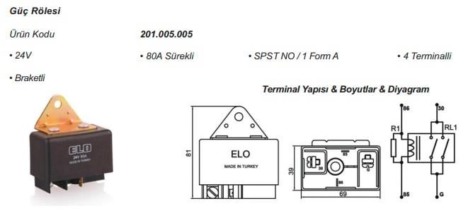24V RÖLE 4 UÇLU 80 A (BÜYÜK TİP) (DİRENÇLİ)