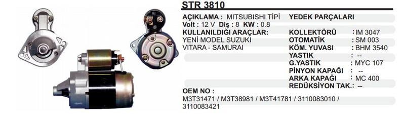 12V MARŞ MOTORU MITSUBISHI TİPİ 8 DİŞ 0.8 KW SUZUKI VITARA/SAMURAI