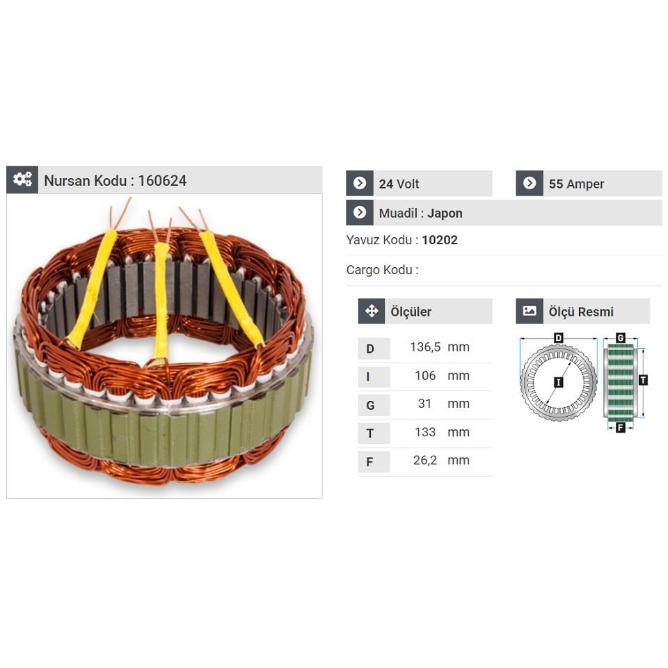 24V ALTERNATÖR STATÖR HITACHI TİPİ 55 A (3 UÇLU) HYUNDAI HD 75 KAMYON