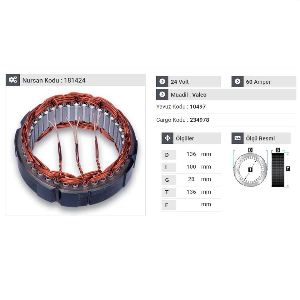 24V ALTERNATÖR STATÖR VALEO TİPİ 60 A (3 UÇLU) VOLVO