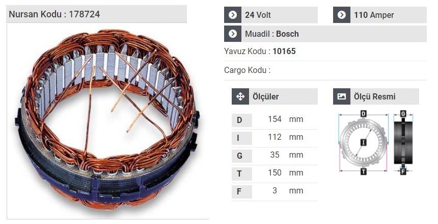 24V ALTERNATÖR STATÖR BOSCH TİPİ 110 A (6 UÇLU-TIRNAKLI) (YÜKSEK SARGI)