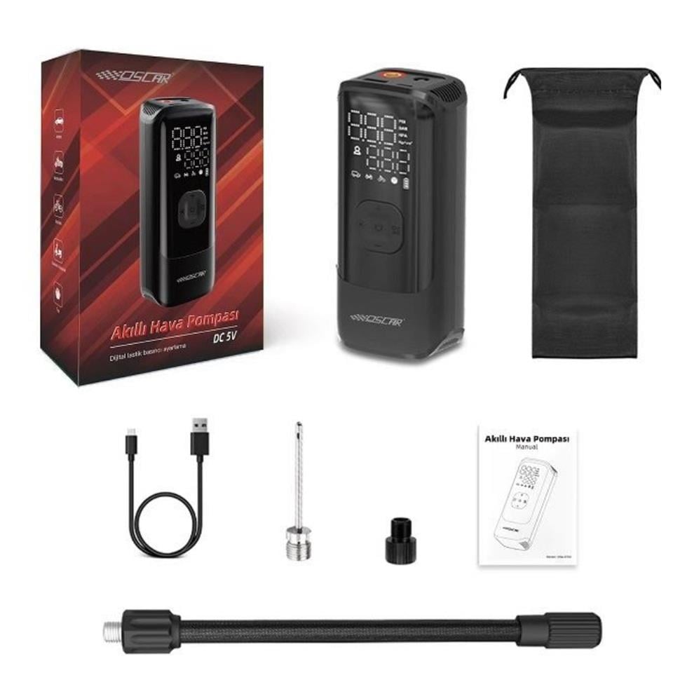 LASTİK ŞİŞİRME HAVA KOMPESÖRÜ IŞIKLI-İKAZLI (150 PSI) (DİJİTAL) (ŞARJLI) (444 GR)