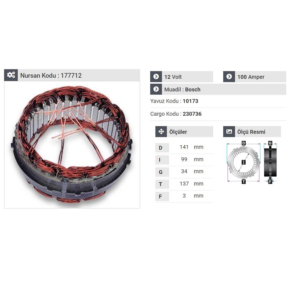 12V ALTERNATÖR STATÖR BOSCH TİPİ 100 A (6 UÇLU-TIRNAKLI)