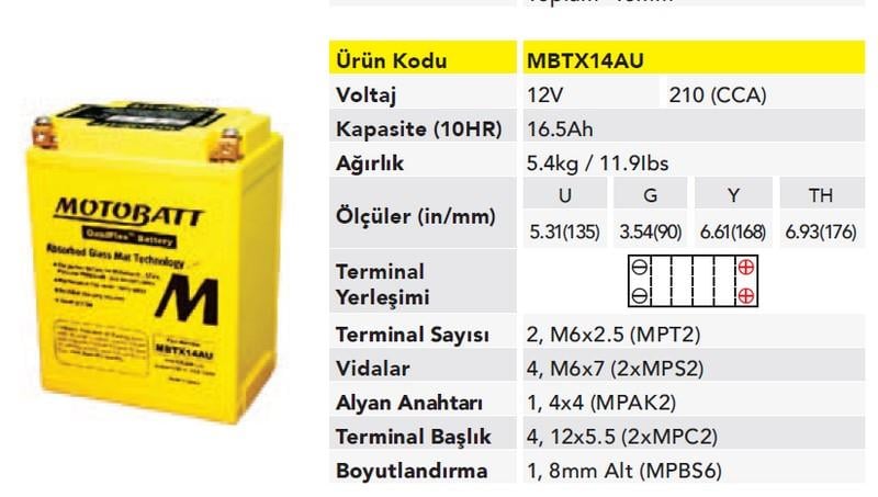 MOTOBATT 12V 12 AH/16.5 AH MOTOSİKLET AKÜSÜ 210 A (EN) (135*90*168) (YB14)