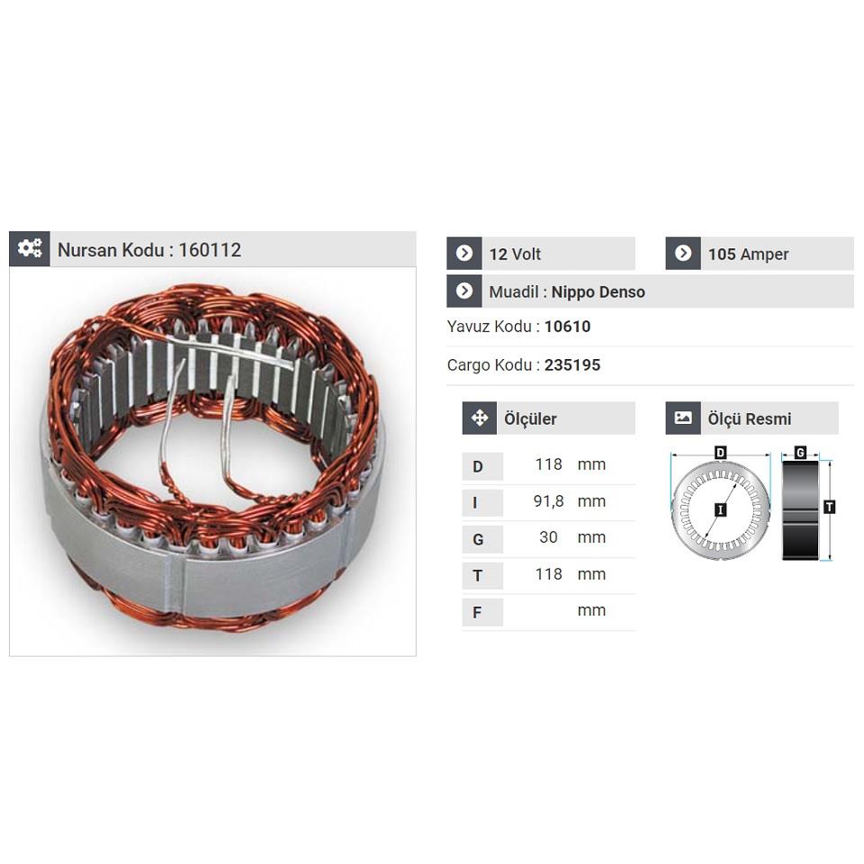 12V ALTERNATÖR STATÖR MARELLI-DENSO TİPİ 105 A (3 UÇLU)